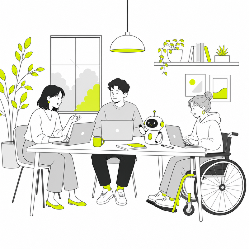 車いすの人を含むチームがパソコンで働く様子の線画イラスト