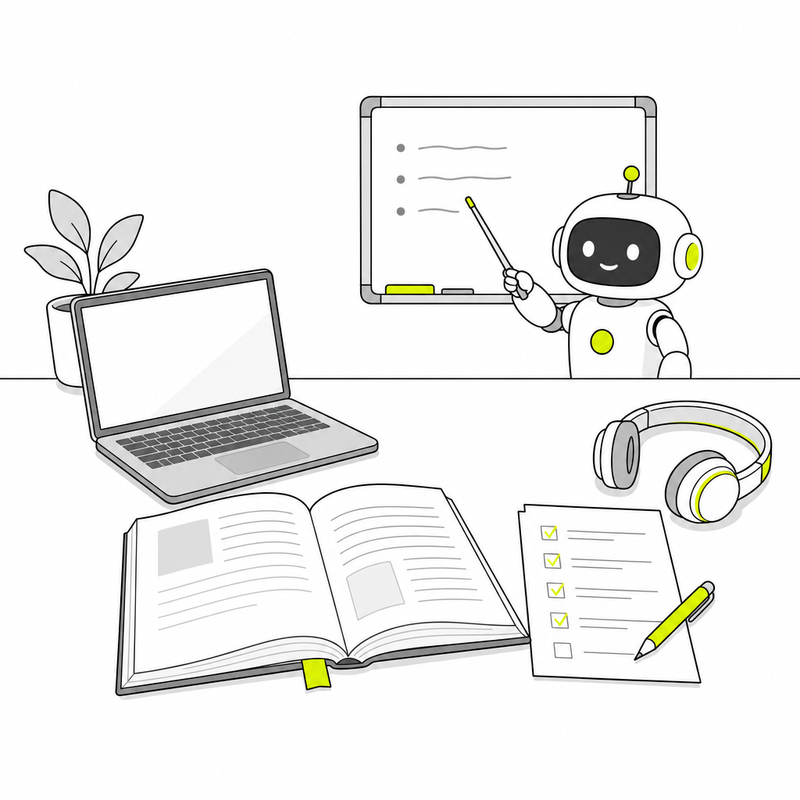 教材・パソコン・チェックリストとAIロボット先生の学習セットの線画イラスト