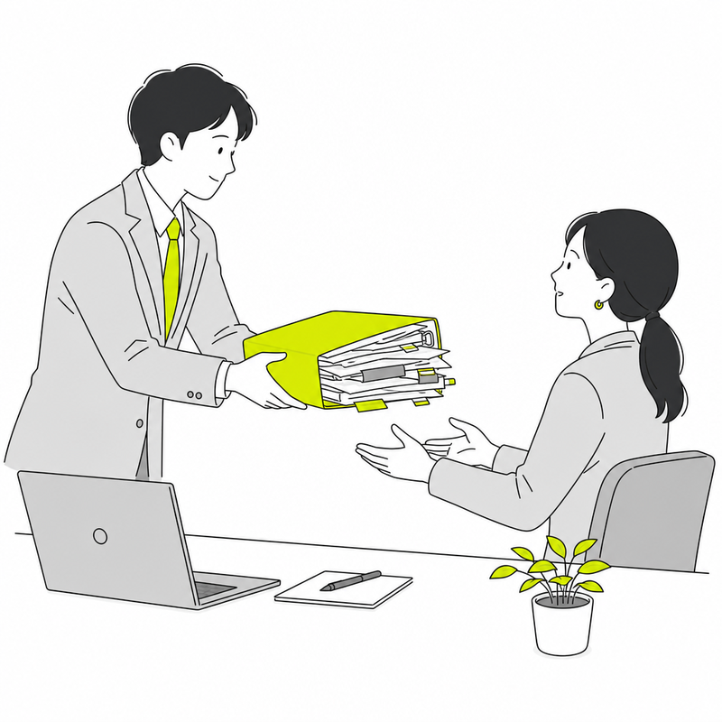 山積みの書類フォルダを手渡す様子の線画イラスト