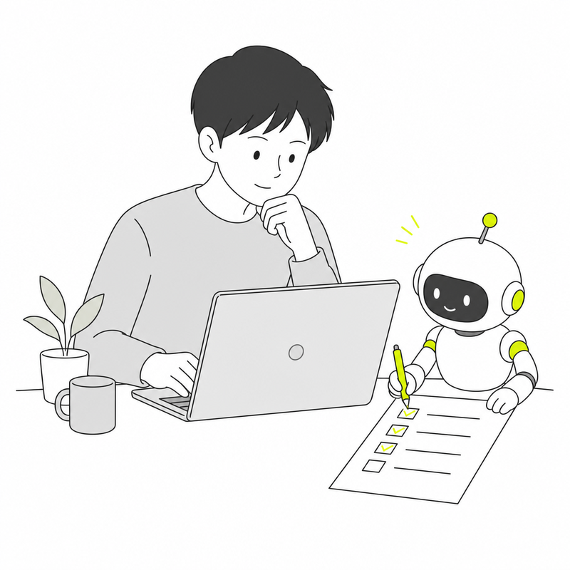 AIアシスタントとチェックリストで作業する人の線画イラスト