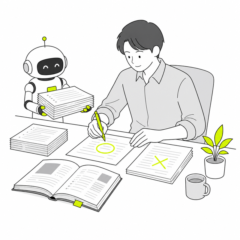 AIロボットの出力を人が原本と見比べて丸バツで採点する線画イラスト